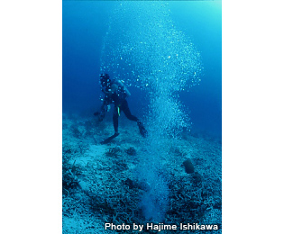 沖縄県・竹富島の海底温泉は、少し熱めの48度。水深約18mなのでゆっくりしすぎは注意