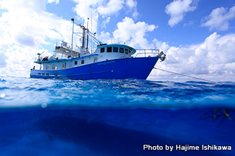 青い船体がカリビアンブルーの海とよくマッチしている「ドルフィン・ドリーム」号