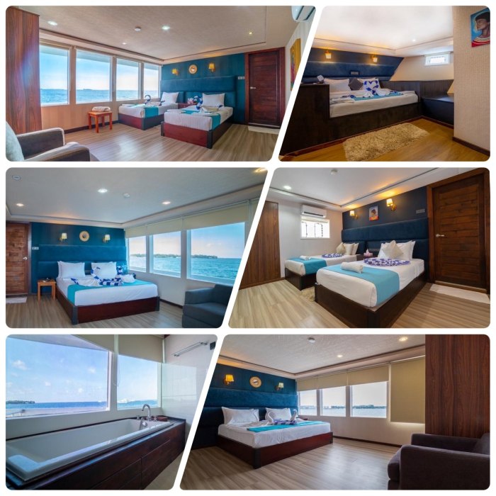 左上／アッパーデッキにあるオーシャンビュールーム。シングル２ベッド　右上／デラックスダブルキャビン。ロウワーデッキ　左中／アッパーデッキにあるオーシャンビュールーム。キングサイズベッド　右中／メインエリアにあるマスターキャビン