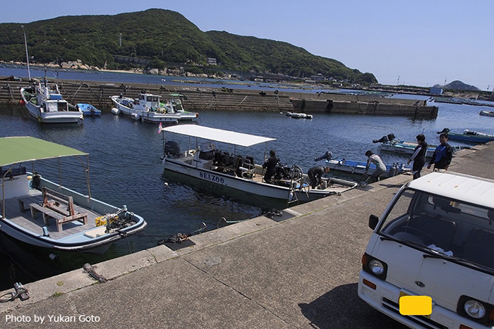 《SEA ZOO》が利用している港の風景とダイビングボート
