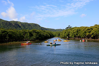 沖縄のどの島にも感じたことがない秘境感を感じる西表島。島には標高300～400mの山々が点在していて、それらを水源とする40本以上の川がある。そこをフィールドにするSUPやカヌー、トレッキングを楽しむツアーにも参加してみよう
