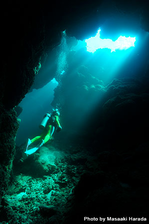 岩の隙間から差し込む光がダイバーを照らしていて幻想的。「ニタ洞窟」