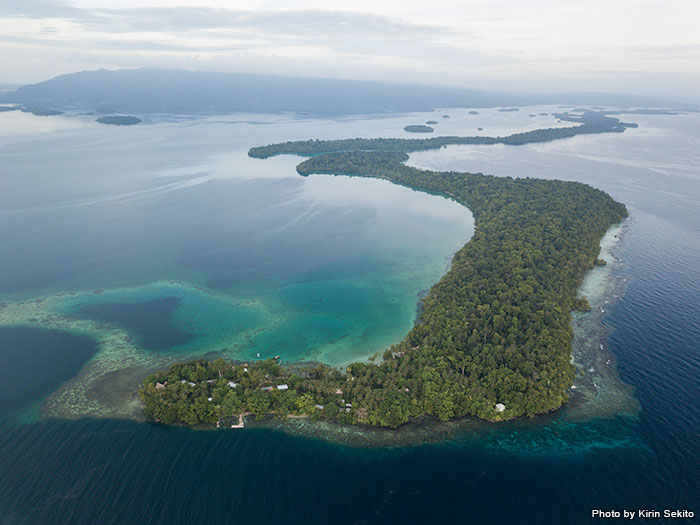 リゾート側から撮ったウエピ島の写真。緑豊かな島の右側は水深2,000ｍまで落ちるドロップオフになっています