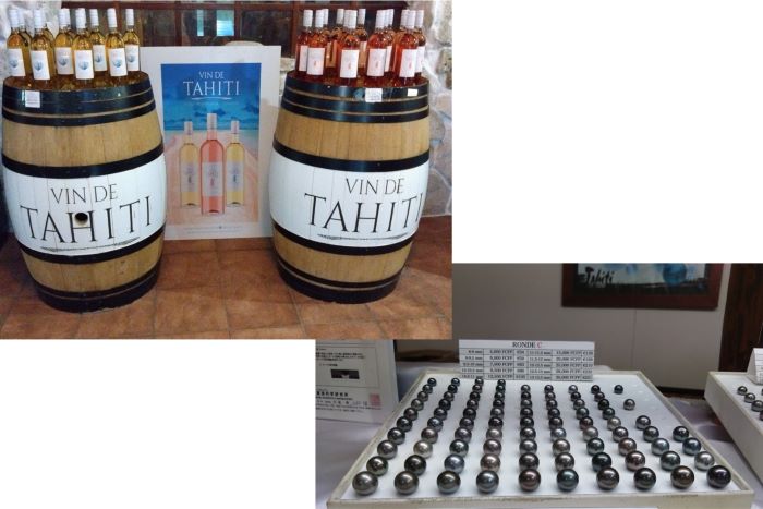 左上／ランギロア産のワイン「Vin de Tahiti」が試飲できる《Cave de Rangiroa》
右下／経営者の奥様は日本人（タヒチ島にいることが多い）黒真珠の店《ikimasho black pearls》