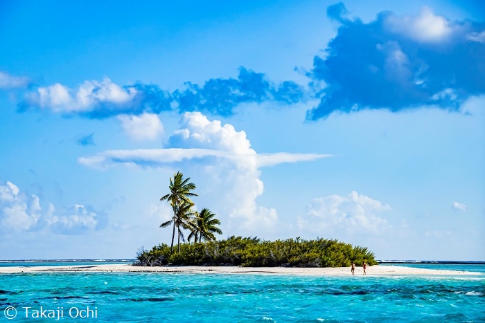 ツアモツ諸島の環礁島ティケハウのインナーリーフに浮かぶモツ（離島や小島という意味）