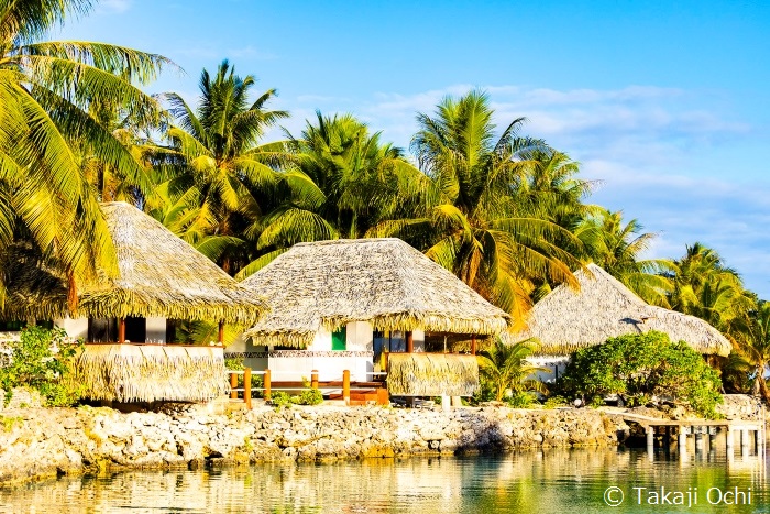 海辺に「バンガロー」と呼ばれる客室やレストラン＆バーがあります