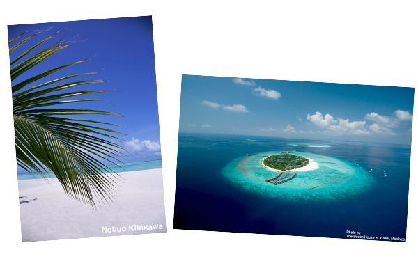（左）モルディブ最北端の環礁に7月末新しくなってオープンした《ザ・ビーチハウス・アット・イルヴェリ・モルディブ》（Photo by The Beach House at Iruveli, Maldives） （右）ホワイトビーチがゴキゲン！　モルディブのオルヴェリ（Photo by Nobuo Kitagawa）