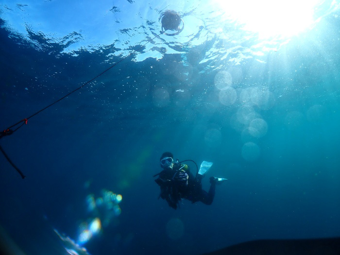 「Descent S1 ブイ」を水面に浮かべておくと、水中からも船上に連絡できるようになります！