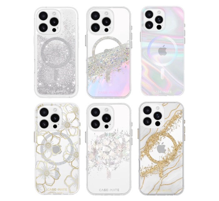 iphone16 ケースシリーズのFASHION MagSafe とKarat。新デザインは、上段左WATERFALL MagSafe、上段中のKarat　Holographic、下段左は天然石を使ったFloral Gems、右は金箔を散りばめたGranite。上段右上はトートバッグとお揃いにしたくなるSoap Bubble(税込¥8,250～¥9,075)
