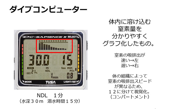 窒素の吸排出の速いコンパートメントから遅いコンパートメントまでをグラフ化すると……