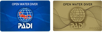 オープン・ウォーター・ダイバー・コース後に取得できるCカード。発行するショップによってはゴールドのカードもある