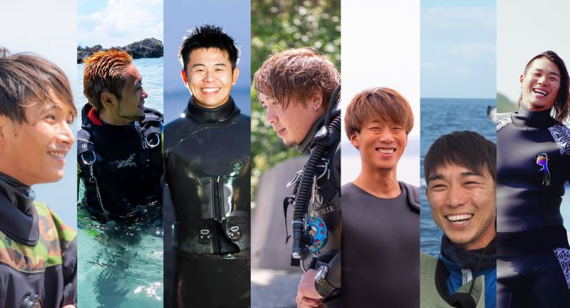水中撮影チームCONTRASTのメンバー。左から茂野優太さん、石野昇太さん、松井一真さん、矢北拓也さん、木村幸成さん、吉田健太朗さん、加藤 仁さん


