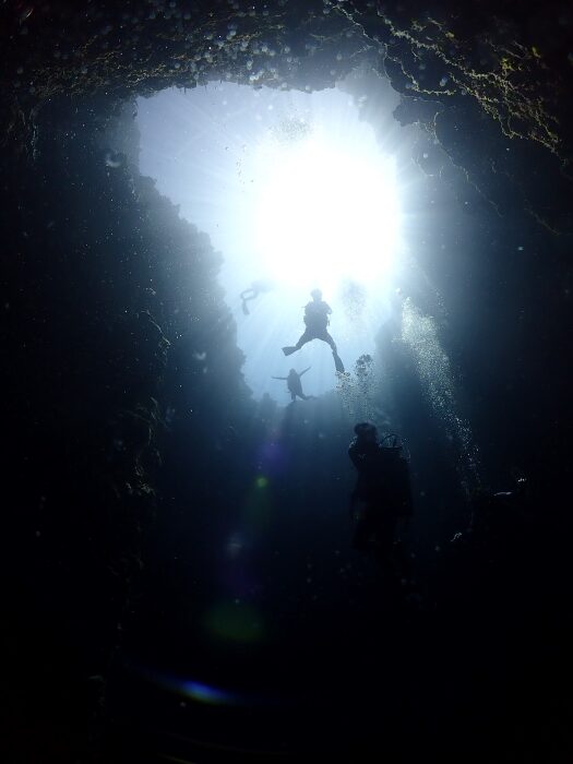 潜降穴から光を浴びながら潜降してくるダイバーたち
Photo by Yoshio Hori（Aquamagic Palau）
