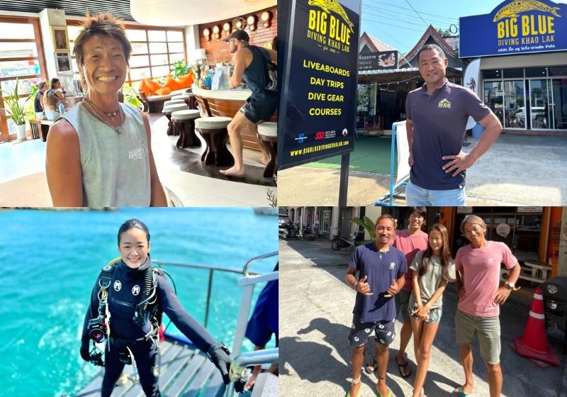 左上から時計回りに、≪Ban's Diving Resort Koh Tao≫ 野場克哉さん、≪Big Blue≫ 大村健さん、≪ほうぼう屋シミラン店≫ 大塚誠さん(写真右端)、≪Orient Blue Dive Center≫ 幸長加奈子さん